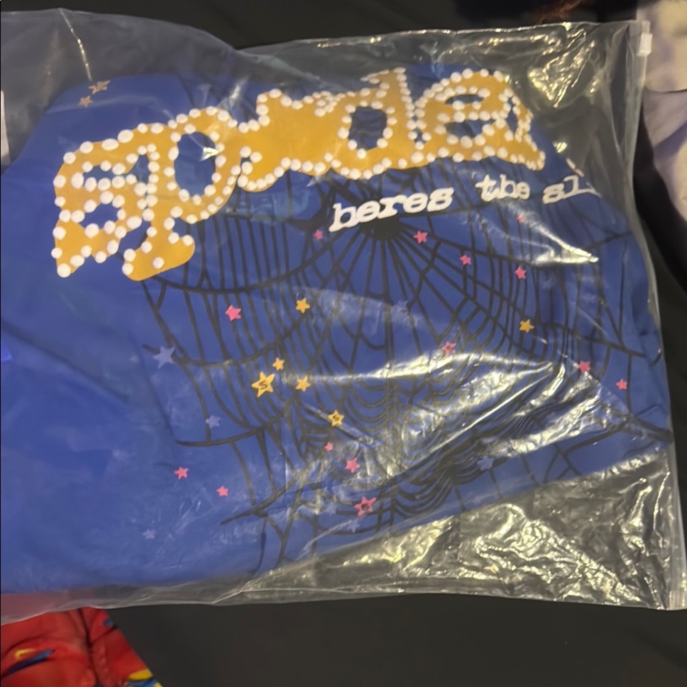Blue Graphic Tee with Spider Web and Stars